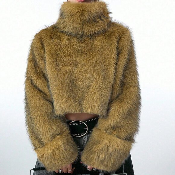 Camel Women's Long Sleeve fluffy faux fur Warm Jacket - Picture 1 of 7